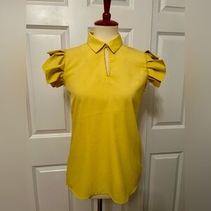 Tahari Lemon Yellow Short Sleeve Ruffle Blouse NWOT